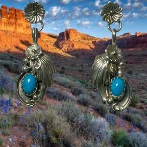 Running BearSterling Silver and Turquoise Dangles Earrings 1 1/4”